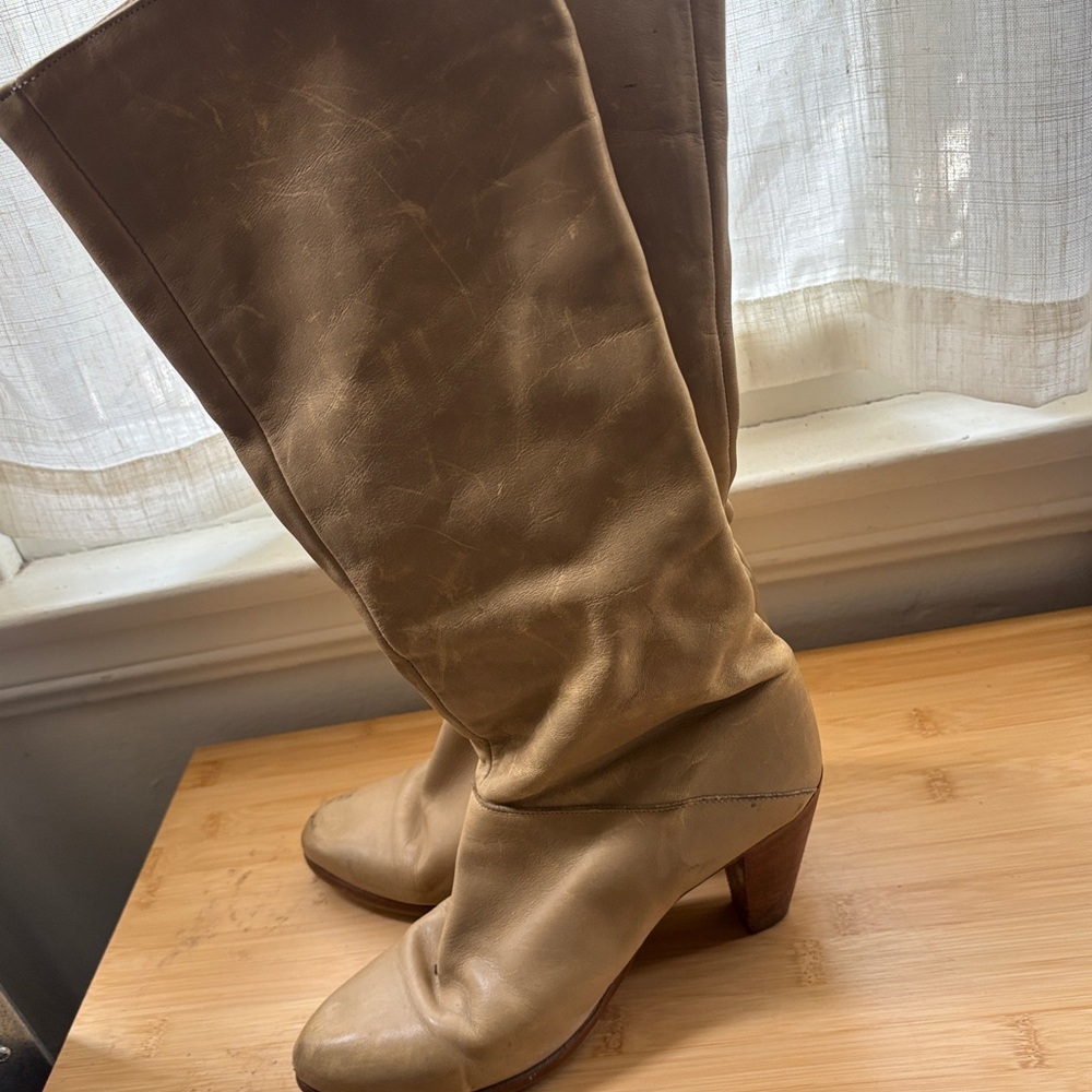 Frye Tan Knee High Almond Toe Heeled Boots